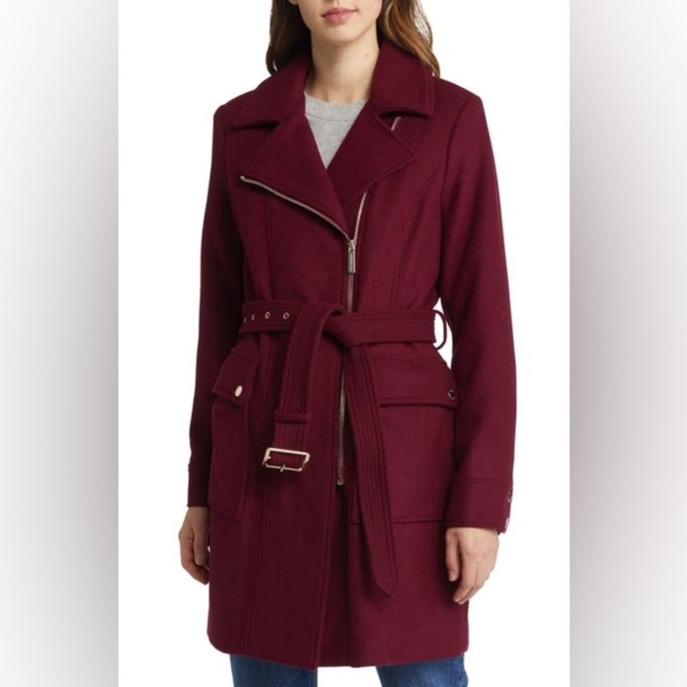 Michael Kors Maroon Wool Blend Belted Coat Size XXL